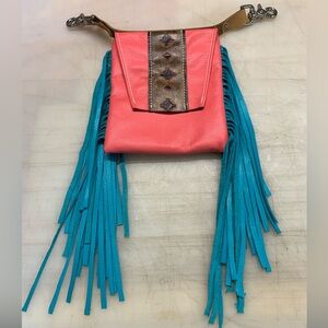 Coral and Teal Fringe leather Crossbody Women's Bag